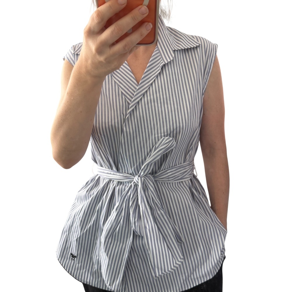 Weekend Max Mara Blue White Striped Sleeveless Wrap Tie Waist Blouse Shirt Sz 4